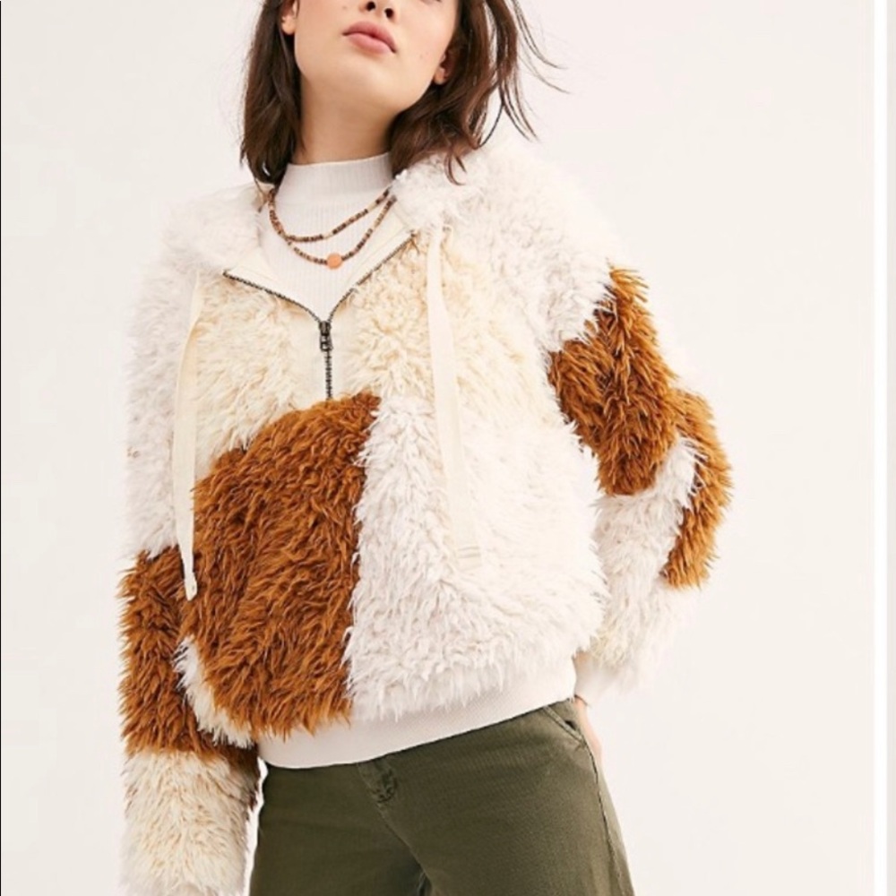 Free People White and Brown Fuzzy Sweater